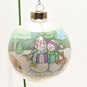Vintage Hallmark 2001 Ornament WINTER FRIENDS Snowmen Animals Round Glass 3"